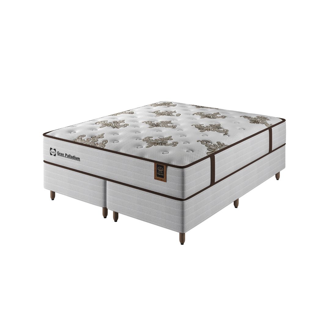 Colchão Gran Palladium Sealy: Molas LFK 34cm Colchão Gran Palladium Sealy de 34 cm com Molas LFK e Látex Natural, proporcionando conforto e suporte superior.